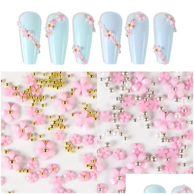 2g/bag 3d pink flower nail art jewelry mixed size steel ball supplies for professional accessories diy manicure design