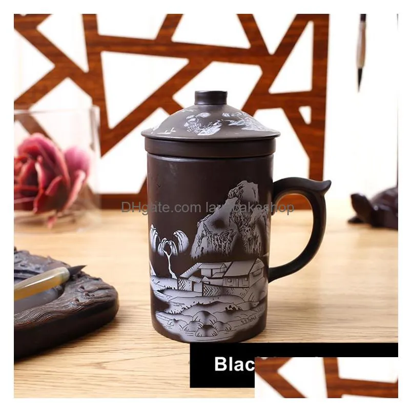 retro traditional chinese dragon phenix purple clay tea mug with lid infuser handmade yixing zisha tea cup 300ml teacup gift mug