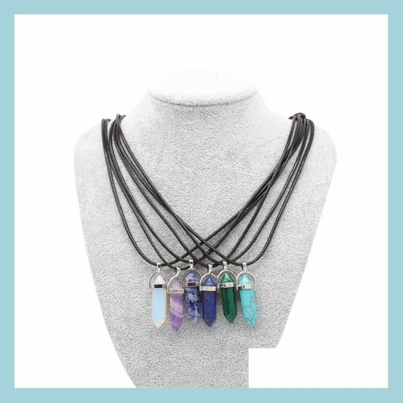 semiprecious crystal necklace natural quartz amethyst turquoise chakra gem stone wax cord pendant necklaces for women