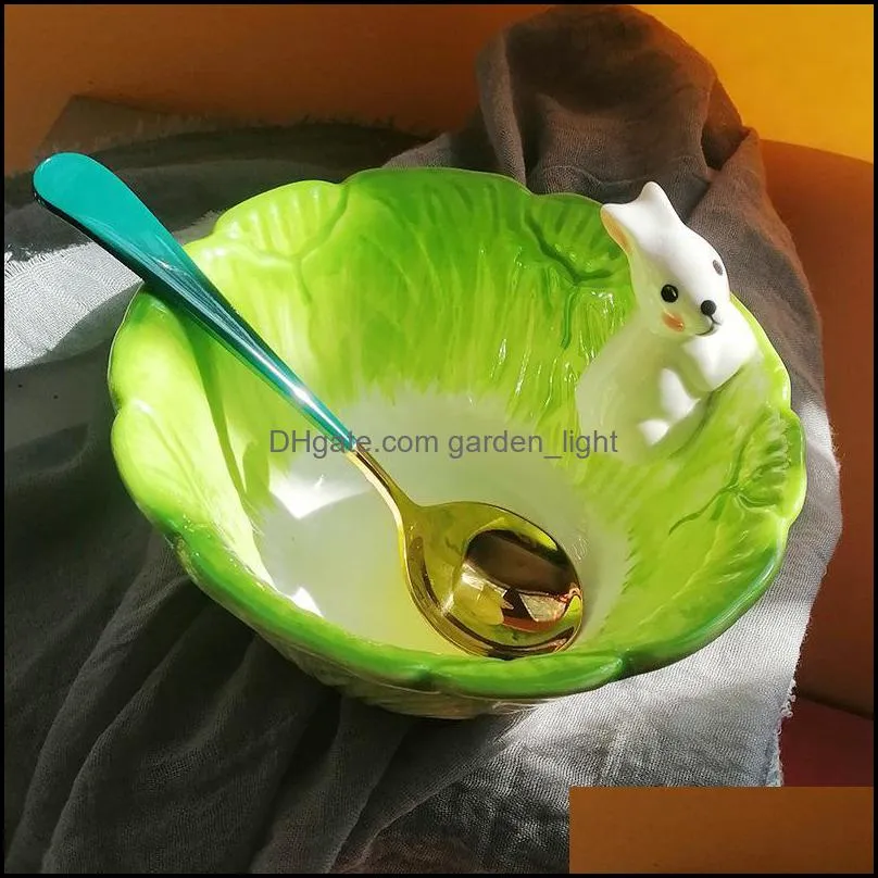ceramic bowls set cartoon cabbage student tableware childrens dessert fruit salad soup japanese rice bowl 2 pcs