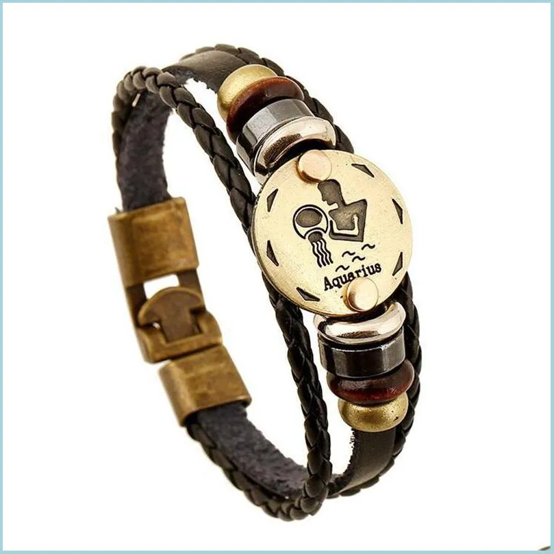 12 constellations bracelet 2018 fashion jewelry leather bracelet men casual personality zodiac signs punk bracelet