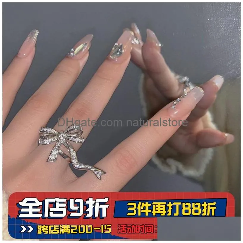 silver bow full diamond ring female light luxury minority personality fashion trendy ins internet celebrity opening adjustable