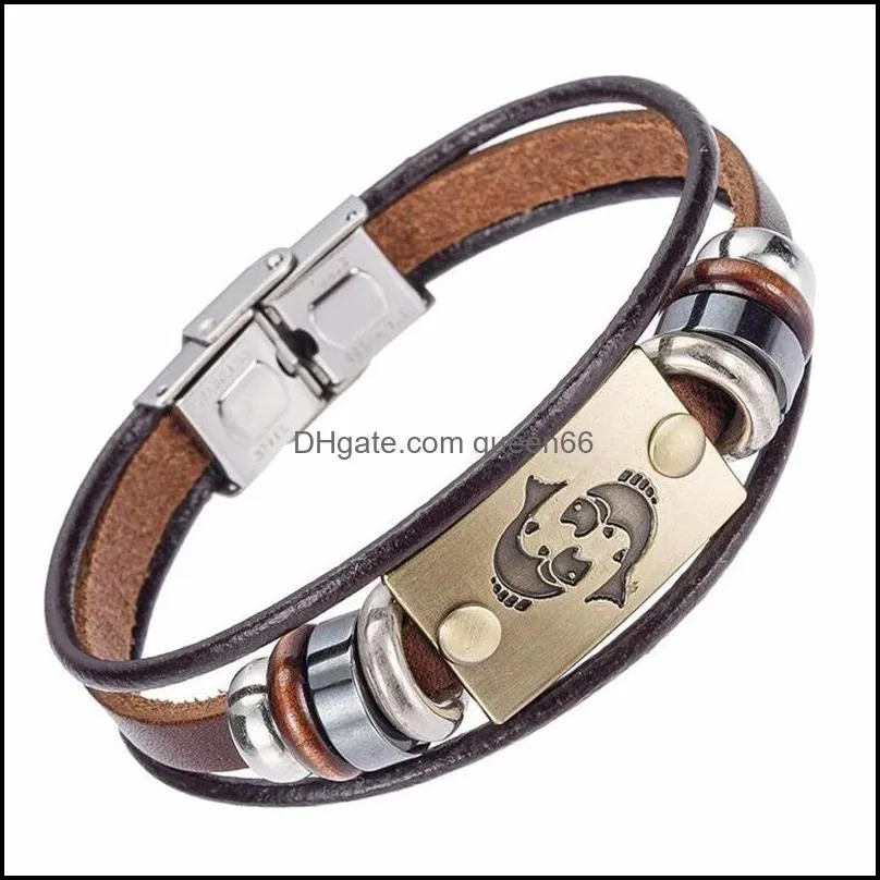 europe fashion 12 zodiac signs bracelet with stainless steel clasp leather bracelet for men