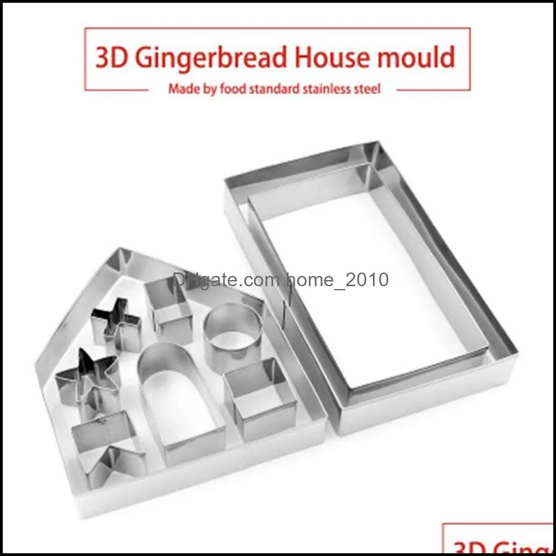 bakeware 10pcs 3d gingerbread house stainless steel christmas scenario cookie cutters set biscuit mold fondant cutter baking tool