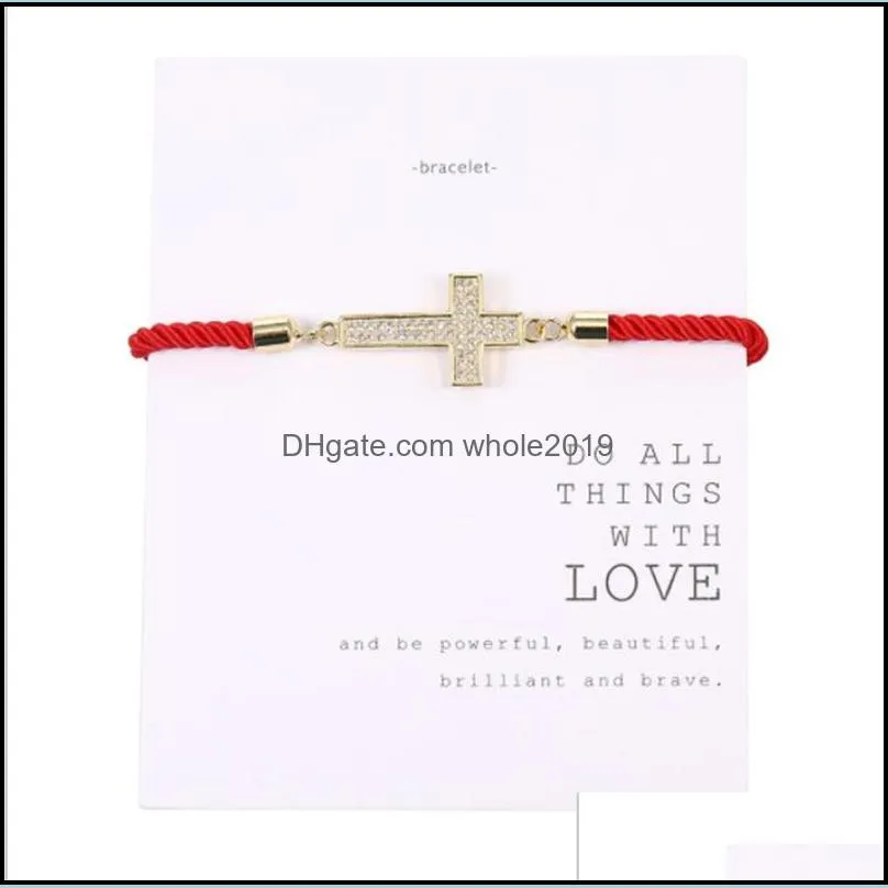 zircon cross charm bracelets adjustable braided string micro inlay bangle jewelry gift for women men with wish card