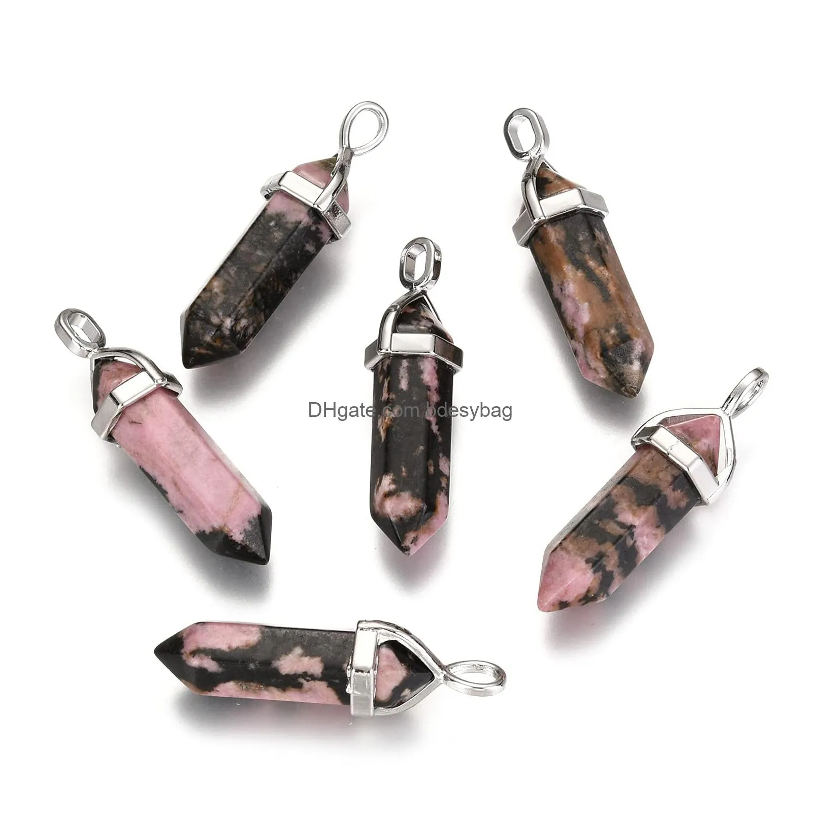 padnahall hexagonal pointed natural gemstone pendant rhodonite bullet healing pointed chakra stone charms for necklace jewelry making hole 3mm