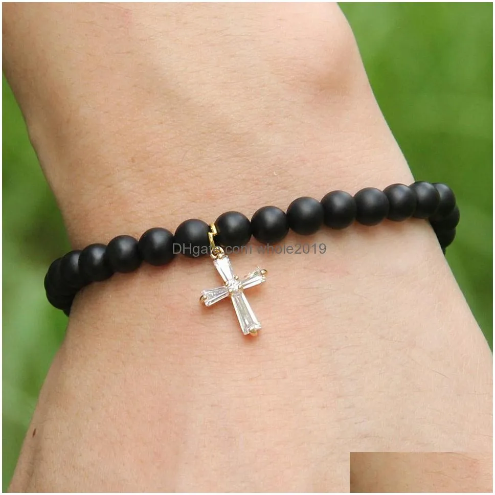 easter wholesale summer jewelry fashion 6mm matte agate stone with clear zircons loyal cross cz beads bracelets