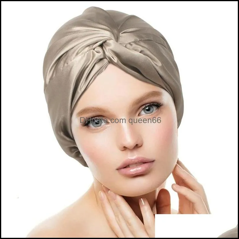 2022 womens 100 double silk sleeping cap night sleep cover hat for women with elastic ribbon hair care long hair headwear