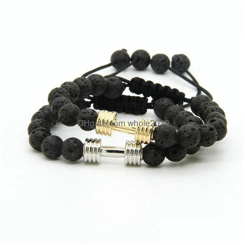 sport bracelets wholesale 8mm lava rock stone beads with barbell fitness dumbbell macrame bracelets for men