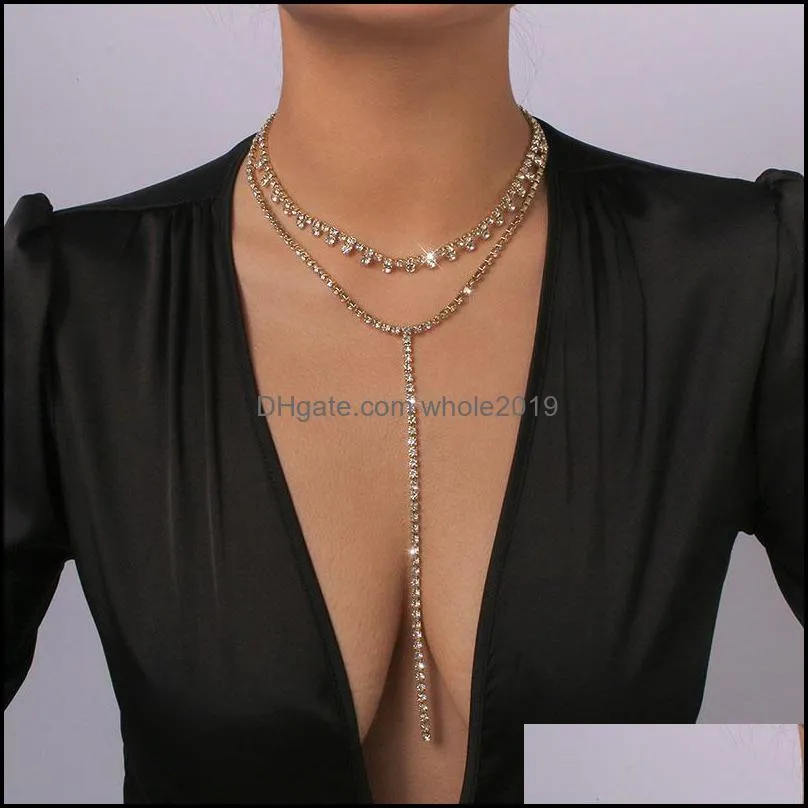 chains fashion full rhinestone chain double layer necklace jewelry for women statement long tassel chokers luxury neckline
