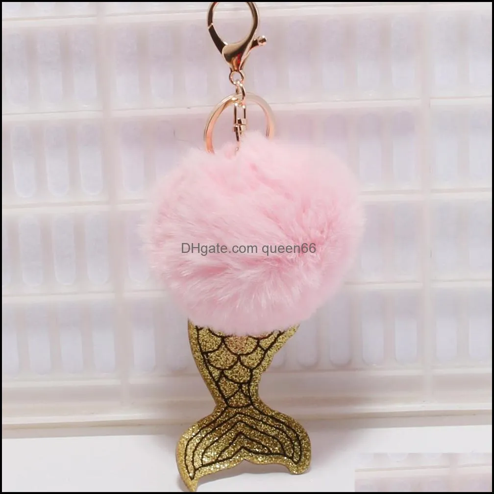 fashion mermaid keychain faux rabbit fur keyhains pom poms keyrings women car handbag pendant key holder xmas gifts dhs g252q