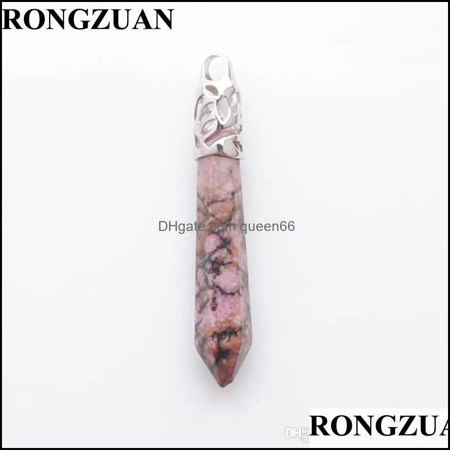 natural gemstone hexagon pillar pendant healing rhodonite suspension for women men trendy jewelry wholesale 5pcs dn3826