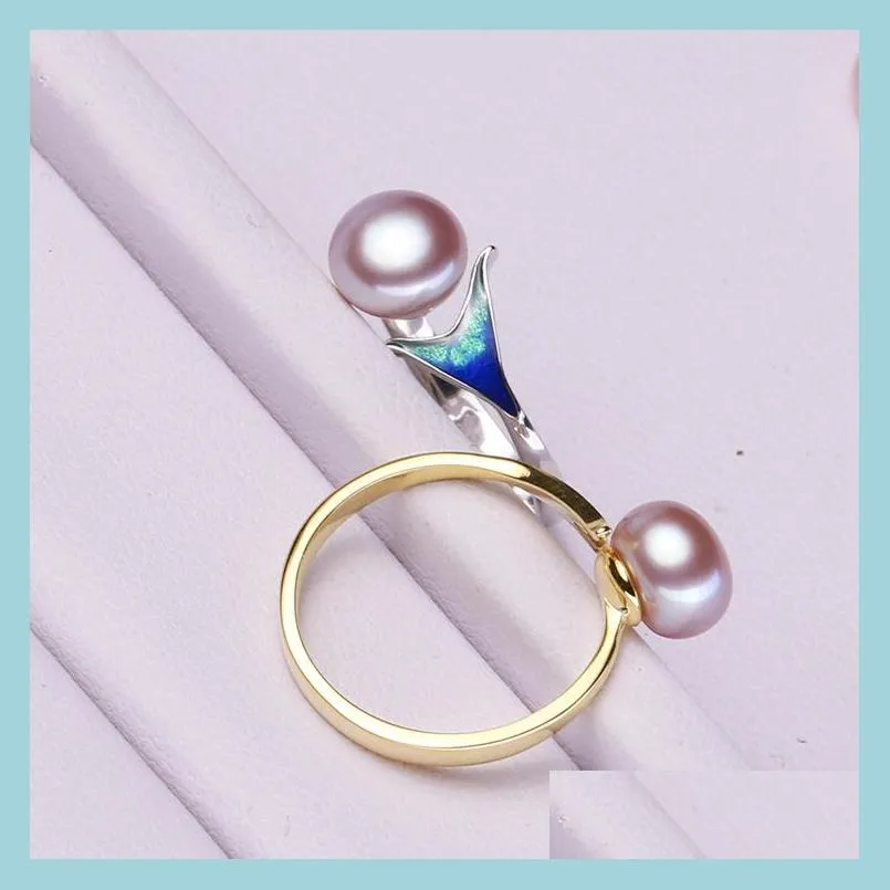 s925 silver mermaid tail pearl ring for women adjustable ring with oblate fishtail pearl ring 89mm natural pearl jewelry can diy