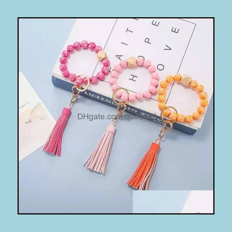 fashion flower pattern wood beads bracelets keychains leather wrap tassels bracelet keychain round bangle keyring