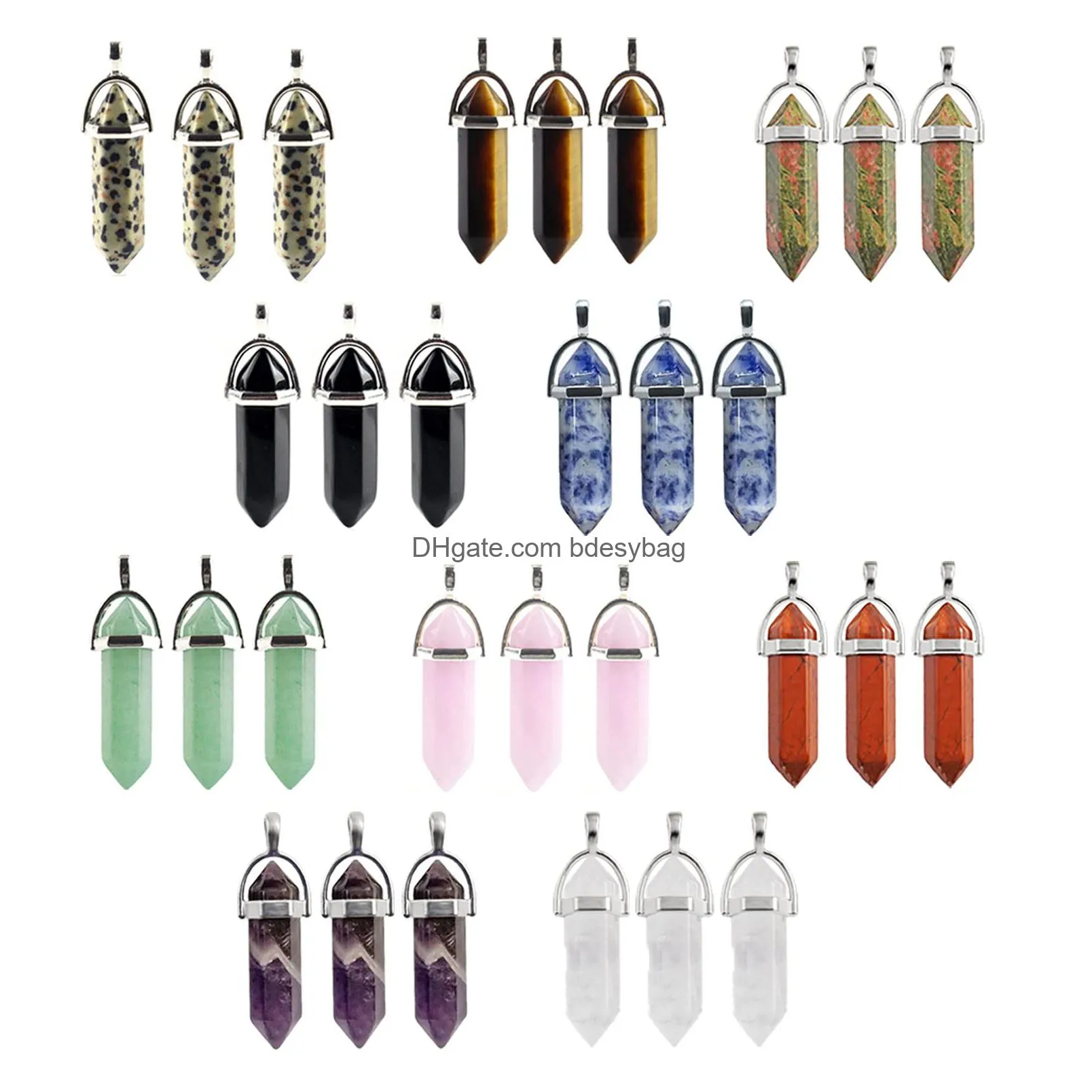 hexagonal chakra pendant bullet shape crystal pendant healing pointed quartz charms gemstone natural prism stone chakra beads for diy necklace earrings bracelet jewelry making 10 colors