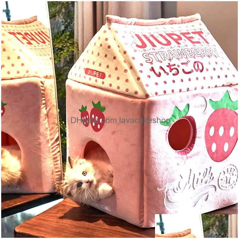 foldable cute pet cat bed house strawberry banana milk box cat house winter warm plush soft cave cat kitten kennel pet supplies 210713