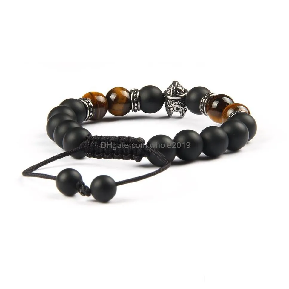  not fade bracelet wholesale 10pcs/lot stainless steel helmet braided bracelet with natural 10mm matte black agate stone beads