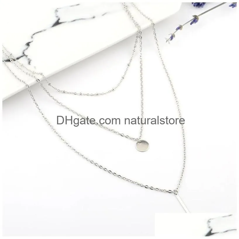 pendant necklaces 3 layers silver coin rectangular bar choker necklace women clavicle girls chain chocker jewelry gift