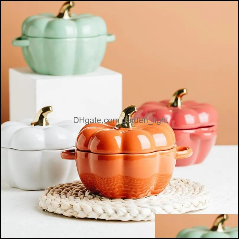 bowls 1pc creative pumpkin shaped baking bowl with lid ceramic household tableware dessert soup milk kitchen tools