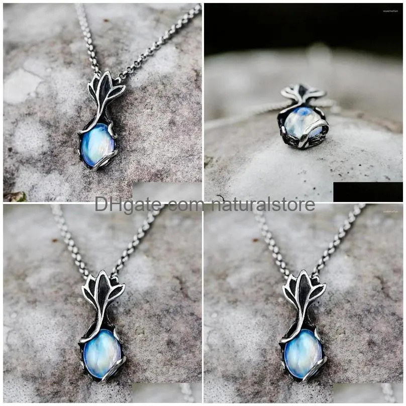 pendant necklaces vintage womens moonstone necklace silver color flower charm chain for female floral jewelry