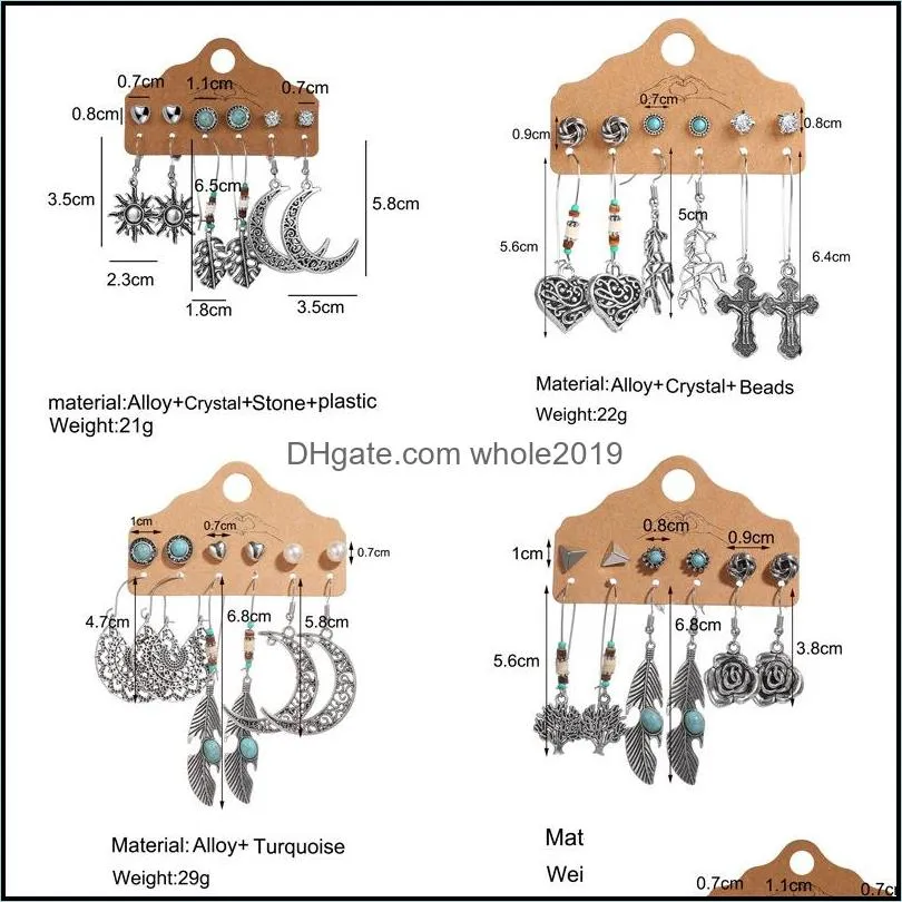 6 pair/set earring jewelry female diy antique silver hoop earrings for women big moon sun feather heart boho earring set fashion