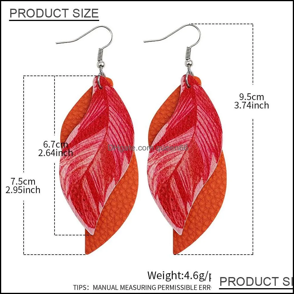 earrings for women boho fashion jewelry double layer feather printed dangle leather earring wedding hoop earrings jewelry