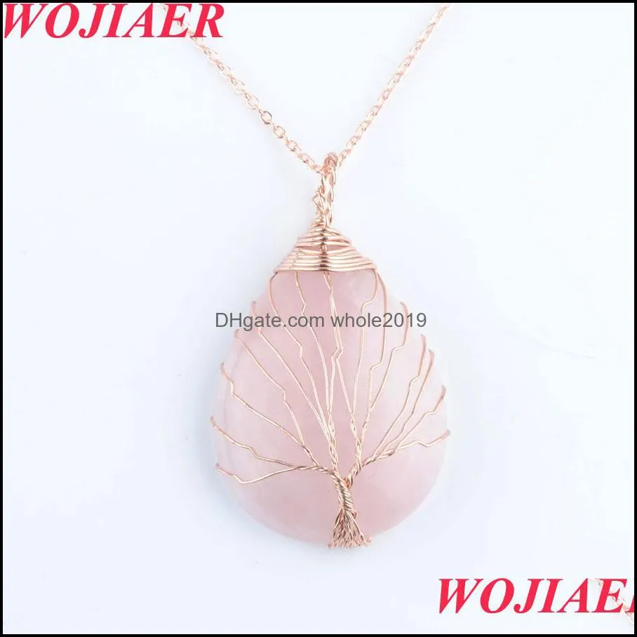 natural quartz opal stone rose gold handmade tree of life wrapped drop pendant necklace shaped crystal reiki bo901