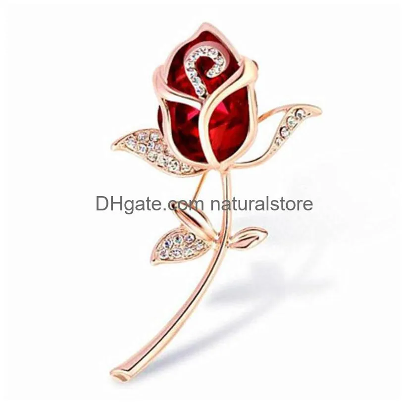 18k gold plated rose flower crystal brooches rhinestone decorative dress jewelry brooch for women hat bag scarf accessories wholesale