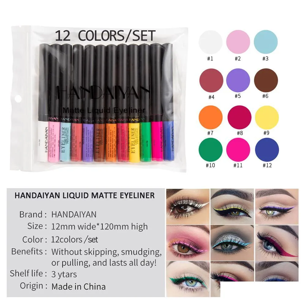 handaiyan 12 colors/set liquid matte eyeliner in opp bag create fashionable eyes and last all the day with gift