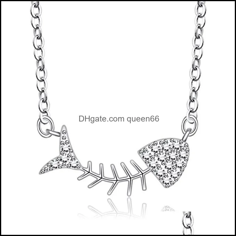 fashion fish bone design pendant necklace personality synthetic rhinestone jewelry authentic 925 sterling silver chain necklace