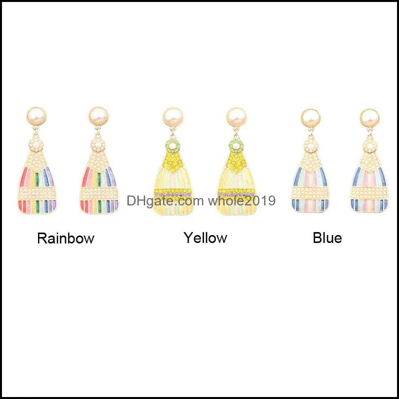 ins fashion creative rainbow color wine bottle dangle earrings women girls sweet korean style pearl rhinestone earring gift
