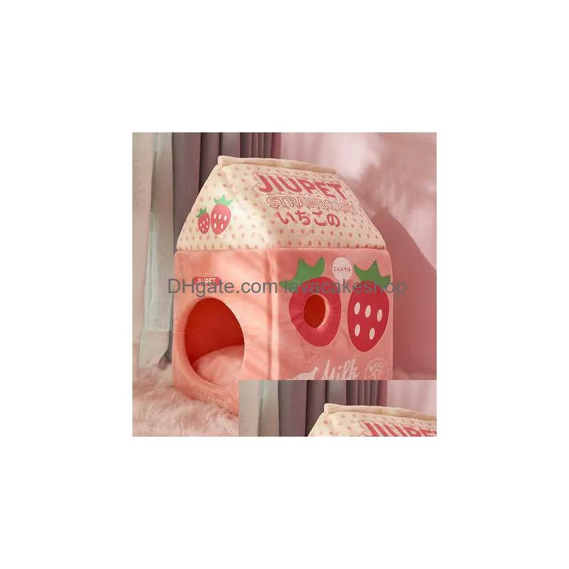 foldable cute pet cat bed house strawberry banana milk box cat house winter warm plush soft cave cat kitten kennel pet supplies 210713