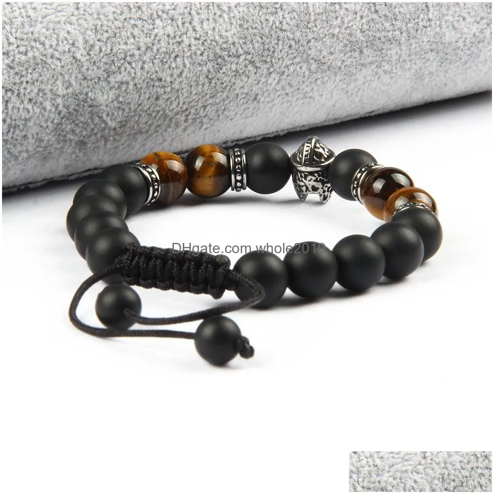  not fade bracelet wholesale 10pcs/lot stainless steel helmet braided bracelet with natural 10mm matte black agate stone beads