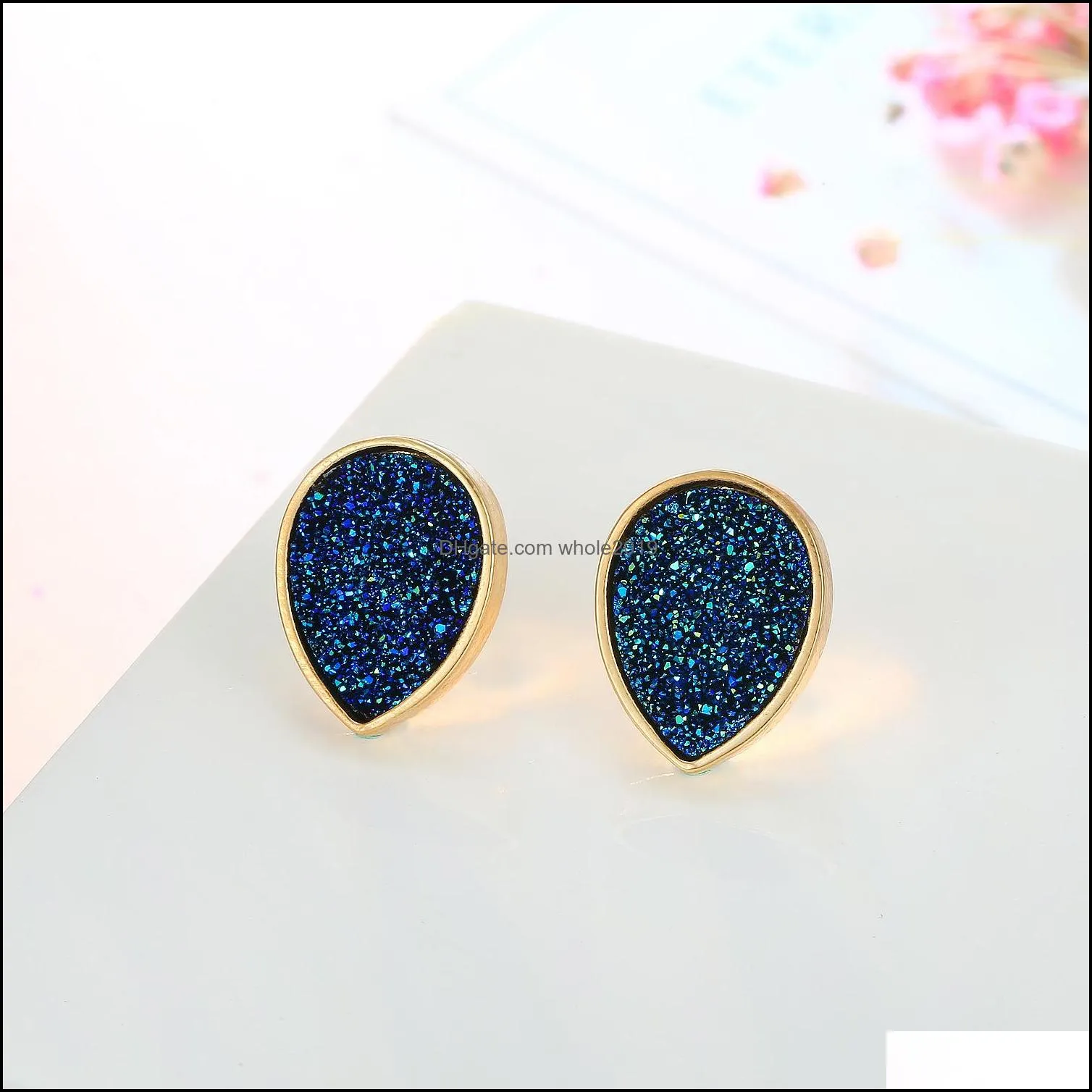 american european fashion womens simple gold plated waterdrop drusy earring 15mm handmade druzy trendy jewelry resin stone stud