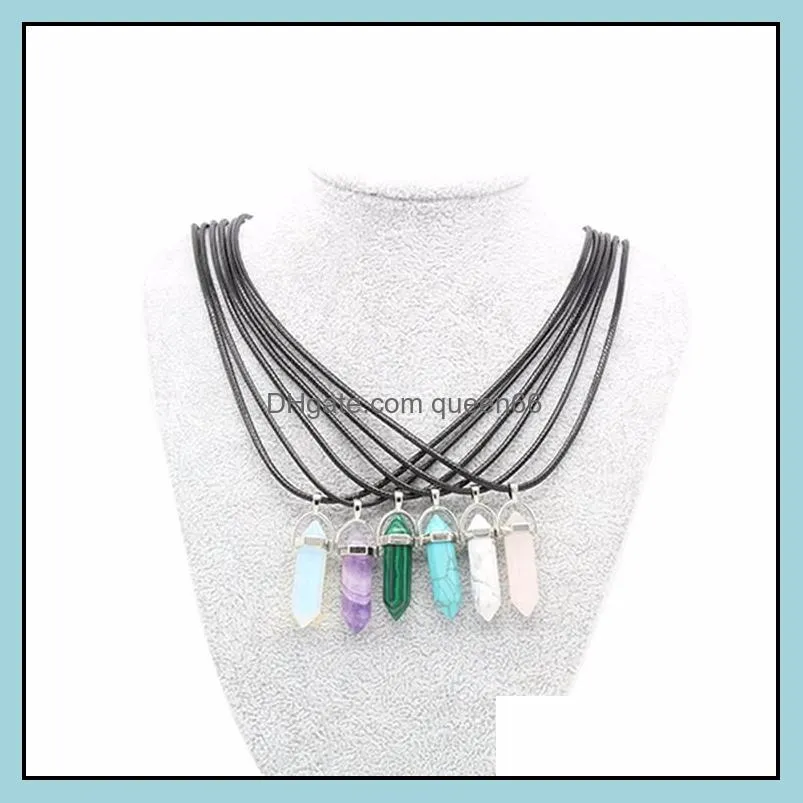 semiprecious crystal necklace natural quartz amethyst turquoise chakra gem stone wax cord pendant necklaces for women