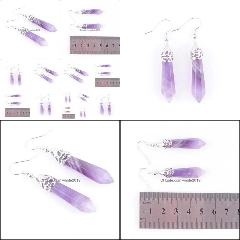 natural amethyst gemstone dangle earrings hexagonal pointed reiki chakra beads for women jewelry r3058