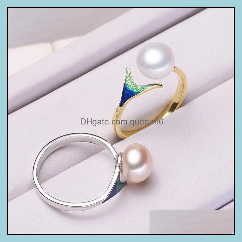 s925 silver mermaid tail pearl ring for women adjustable ring with oblate fishtail pearl ring 89mm natural pearl jewelry can diy