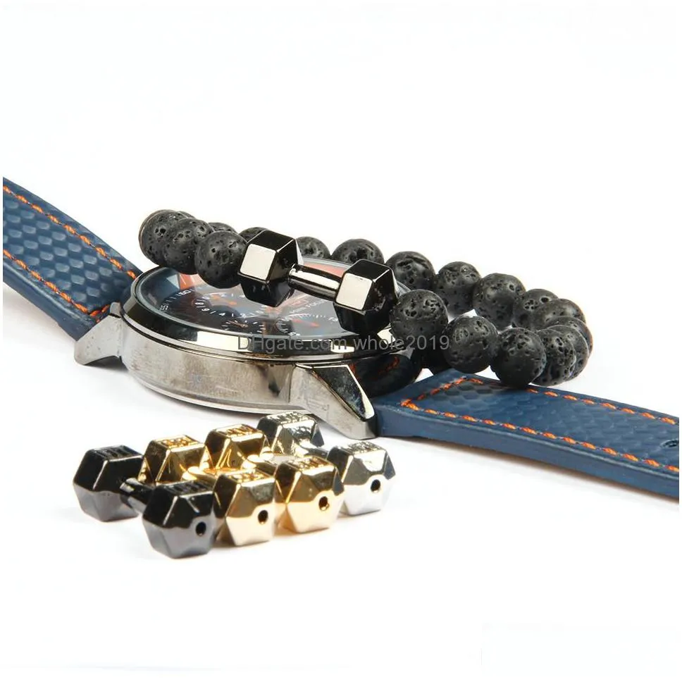 mens gift wholesale arrival alloy metal lava rock stone beads fitness fashion dumbbell bracelets with words