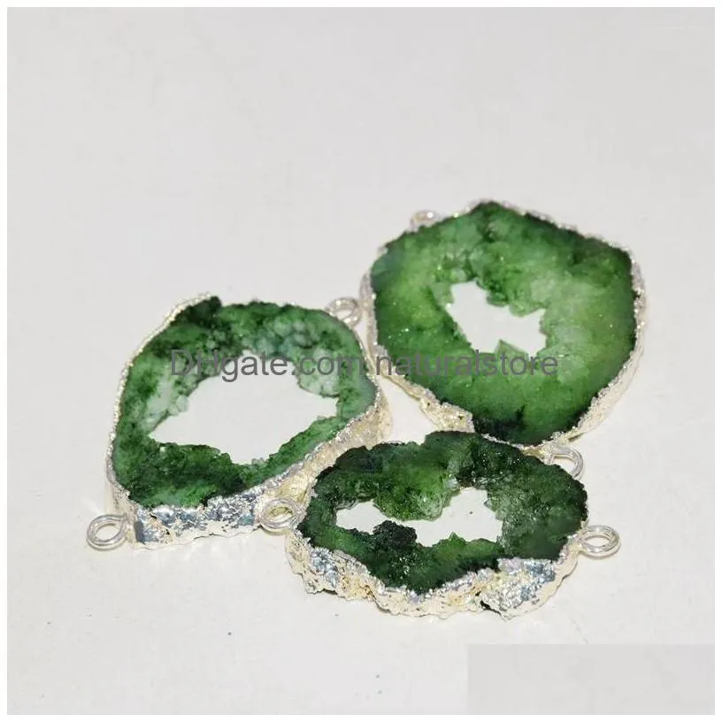 pendant necklaces big green druzy stone connector for jewelry making women 2022 gold plating bezel geode slice hole irregular agates