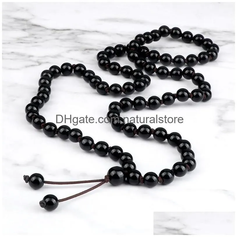 pendant necklaces shiny black onyx beaded necklace men 6 8mm natural stone yoga meditation knotted jewelry handmade women buddhist prayer