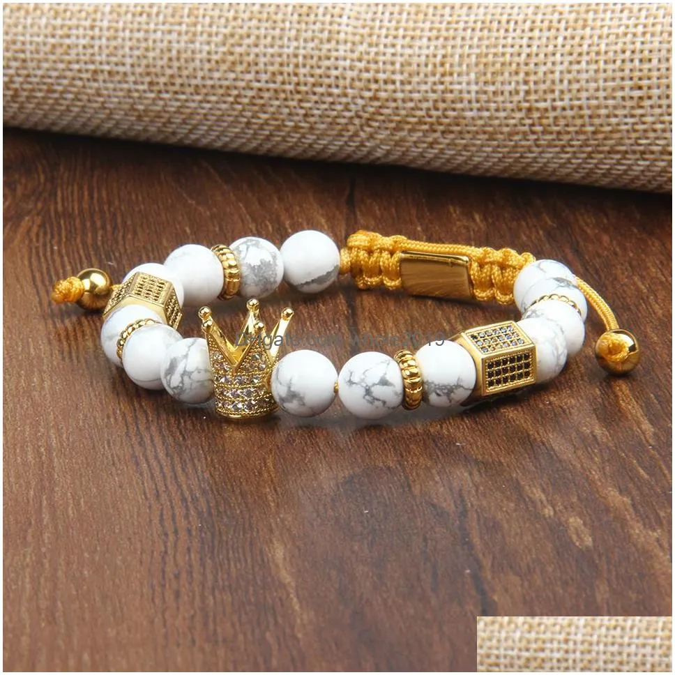 full diamond crown bracelet wholesale 10pcs/lot 8mm natural agate stone beads king crown bracelets couples jewelry for lover