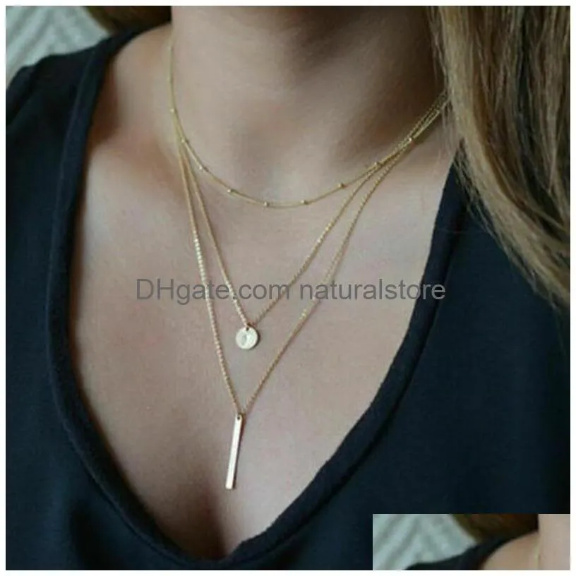 pendant necklaces 3 layers silver coin rectangular bar choker necklace women clavicle girls chain chocker jewelry gift