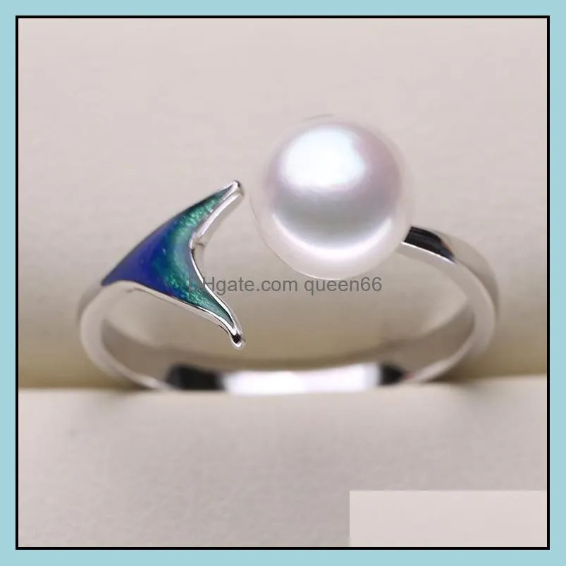 s925 silver mermaid tail pearl ring for women adjustable ring with oblate fishtail pearl ring 89mm natural pearl jewelry can diy