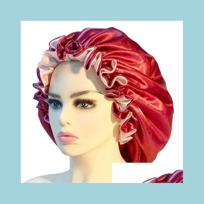 2022 women satin bonnet durag cap fashion double layer silky big for lady sleep shower cap head wrap hair styling cover accessories