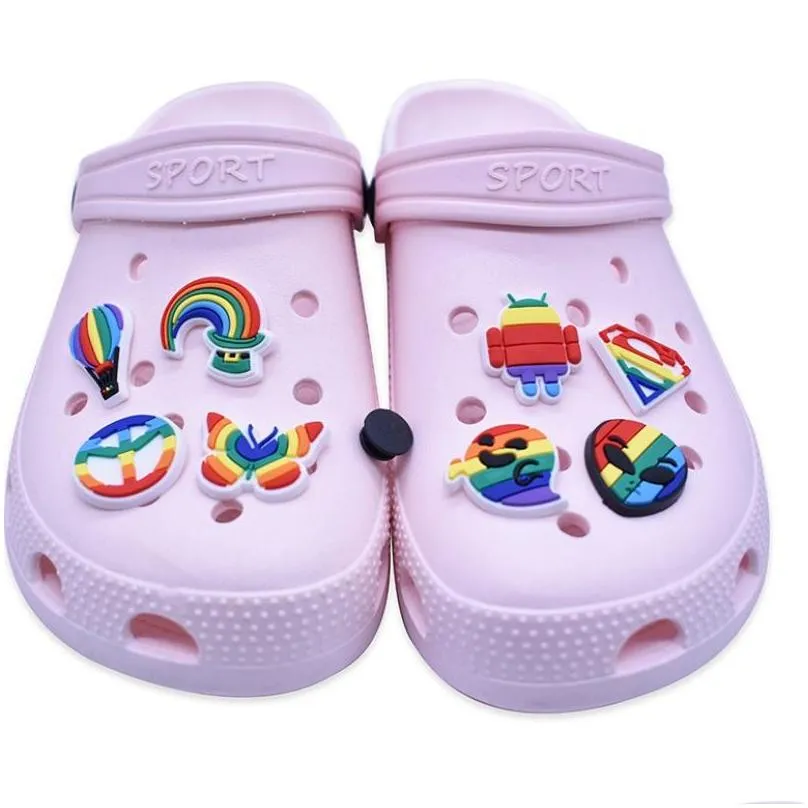 party favor rainbow cartoon character pvc rubber shoe charms holeshoe accessories clog fit wristband croc buttons shoes decorations