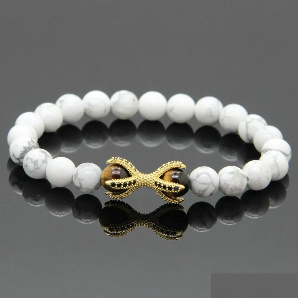 wholesale 10pcs/lot white howlite marble stone yellow tiger eye beads micro inlay black cz beads  paw mens bracelets