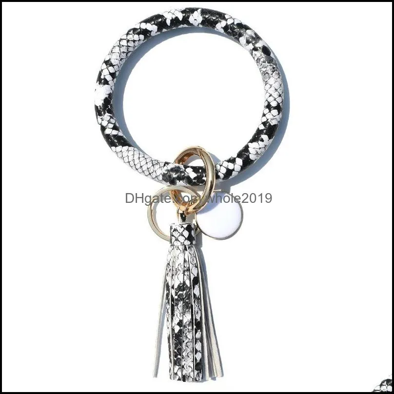 round circle key ring pu leather wristlet keychain bracelets bangle tassel pendant keys chains girls fashion bracelet dhs