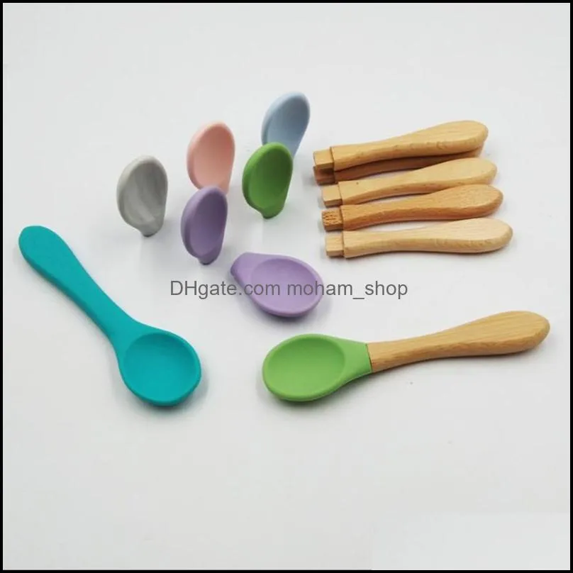 food grade baby complementary food spoon silicone training flexible soft head toddlers infants spoons wooden handle 3 4yy f2