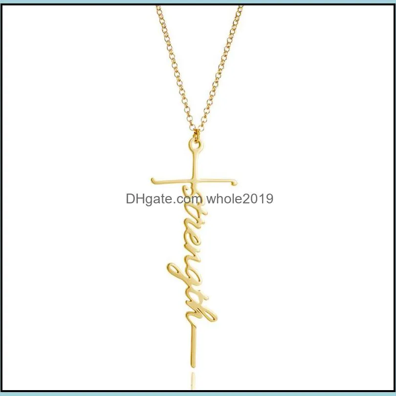 strength cross religion pendant necklace girls women letter chokers statement card jewelry gift silver gold color