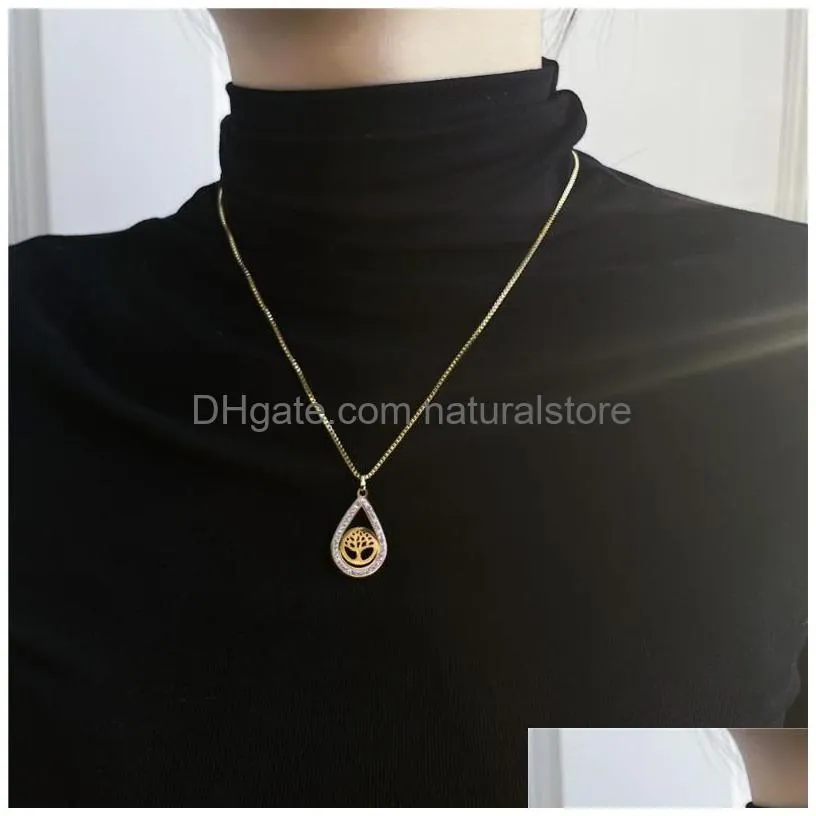 pendant necklaces tree of life cz water drop necklace gold color bijoux collier elegant women titanium steel jewelry gifts